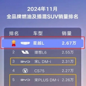 吉利星越L位列11月全品牌燃油及插混SUV榜首